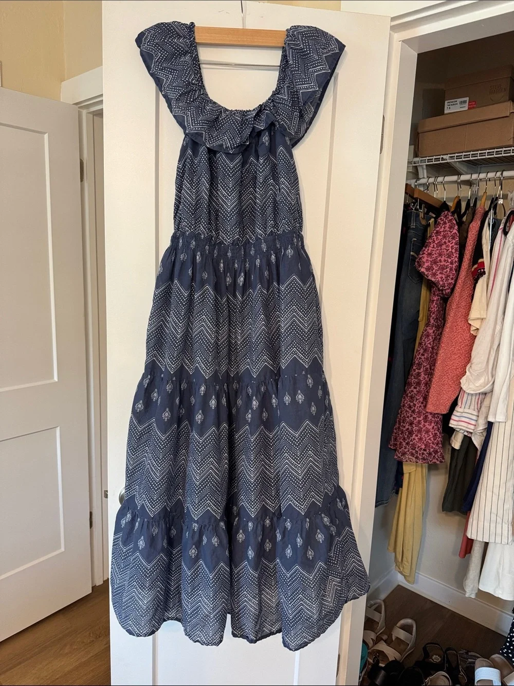 Women's Navy Printed Ruffle‎ Maxi Dress 100% Cotton Made in India Boho Chic